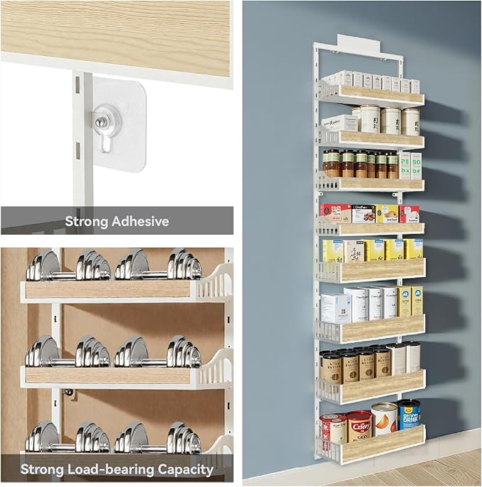 Over the Door Pantry Organizer, 8-Tier Door Organizer Hanging, Spice Rack with Adjustable Baskets, Heavy Duty Door Organizer for Kitchen Storage Metal Hanging for Laundry Bathroom Bedroom, White