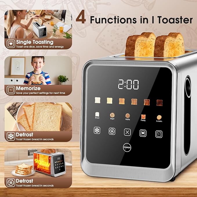 2-Slice Smart Toaster, Digital Touchscreen with Memory Function, 1.5" Extra-Wide Slots, 5 Bread Types & 6 Browning Settings, 900W for Fast Toasting, Defrost & Reheat Modes