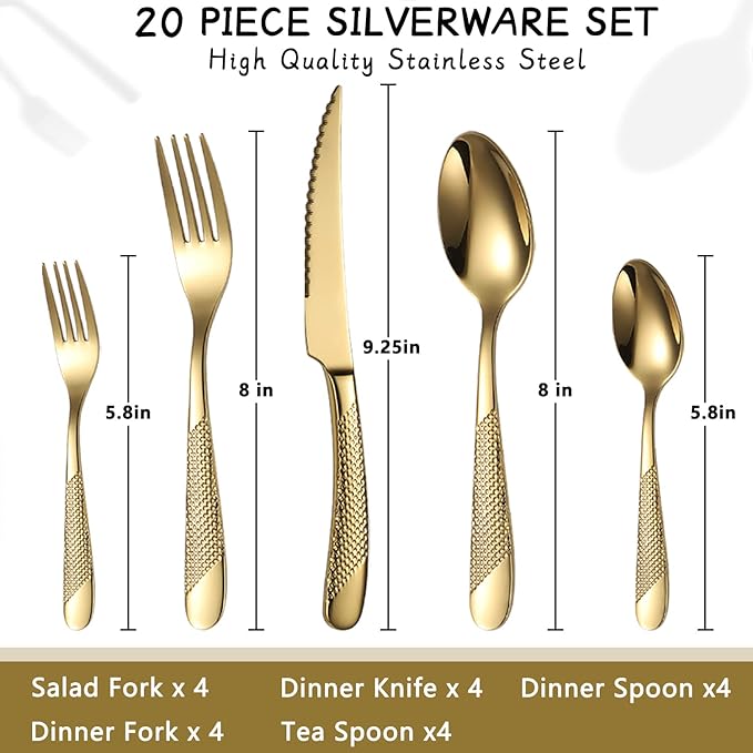 Silverware Set 20-Piece Stainless Steel Gold Flatware Set for 4 Cutlery Tableware Utensils Set Including Fork Spoon and Knife for Home Restaurant Hotel