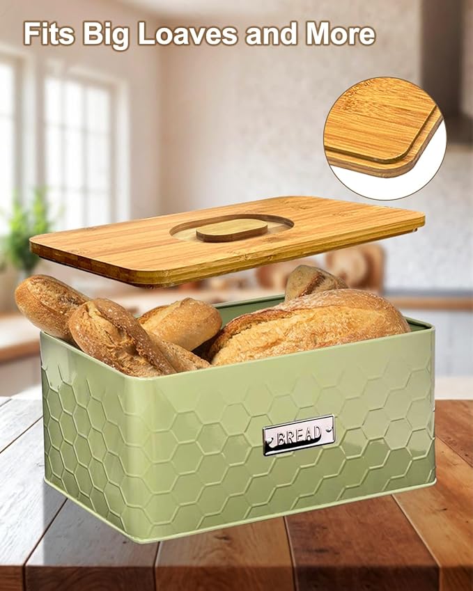 vensovo Bread Box for Countertop – Large Green Metal Bread Bin with Bamboo Cutting Board Lid, Farmhouse Bread Storage Container for Homemade Bread, Baked Goods & Kitchen Counter Organization