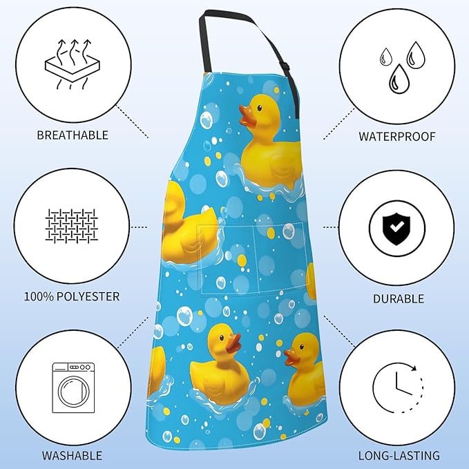 Cute Rubber Duck Apron for Women with Bubble,28x33in,Fun Bath Kitchen Aprons with 2 Pockets,Oxford Fabric,Playful Adjustable Apron for Cooking Baking Gardening Chef,Gifts for Mom Wife