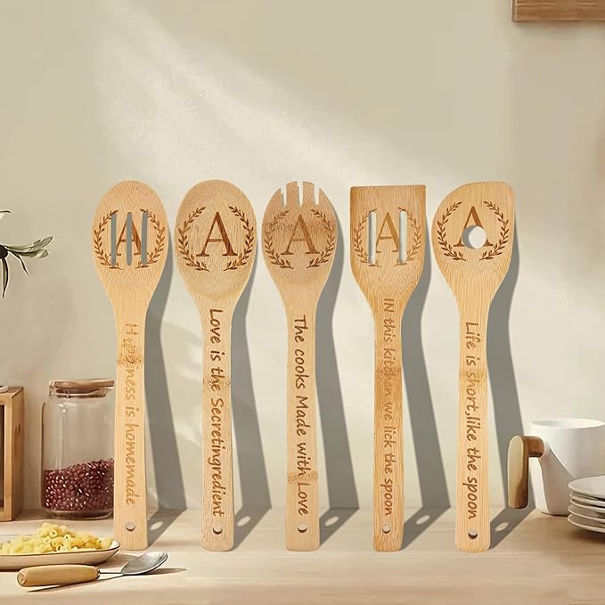5PCS Initial Wooden Cooking Spoons Initial Letter Kitchen Decor Gifts Personalized Monogrammed Birthday Gifts for Women Mom Friend Housewarming Wedding Bamboo Cooking Spoons