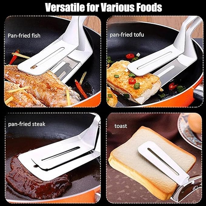 Stainless Steel Grill Clamp, 11.8 in Anti-Scald Extended Handle Spatula Tongs, Multifunctional Stainles Steels Double-Sided Food Flipping Spatula Tongs Clip, for Flipping Steak, Fish (2, A, Standard)