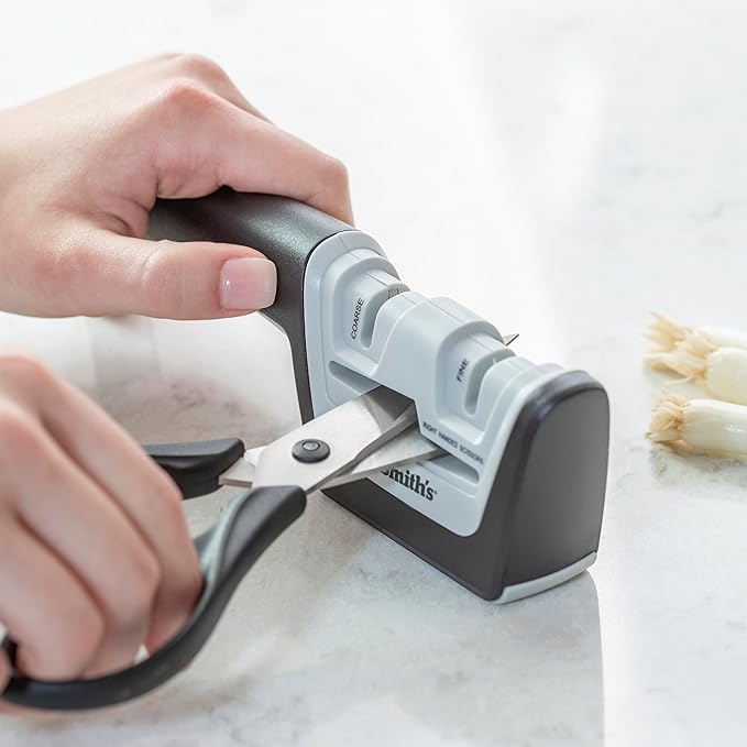 KitchenIQ 50217 Diamond Pull-Thru Knife & Scissor Sharpener – Black/White – Pull-Thru Knife Sharpener – Left & Right-Handed Scissor Sharpener – Coarse & Fine– Straight & Serrated Blades