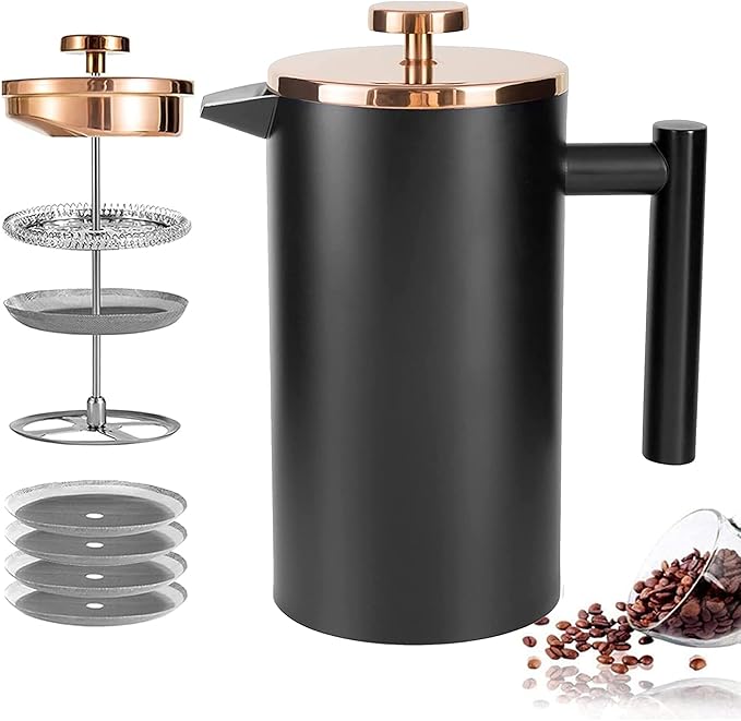 Miuly French Press Coffee Maker, 21Oz Stainless Steel Coffee Press with 3 Level Filtration System, Double Wall Insulated French Press with 4 Filters and 1 Metal Spoon, Black