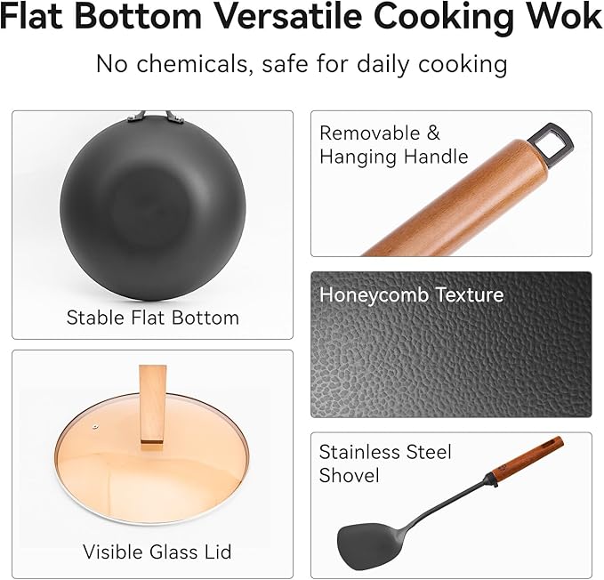 WANGYUANJI 12.6 Inch Wrought Iron Wok with Standable Glass Lid, Chemical-Free Flat Bottom Stir Fry Pan for Induction, Gas, and Electric Stoves