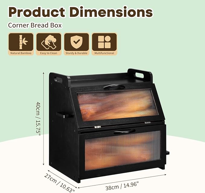 Bread Box for Kitchen Counter Top, Large Bread Storage Container for Homemade Bread, Bamboo Farmhouse Organizers, Double Layer Bread Bin,Black