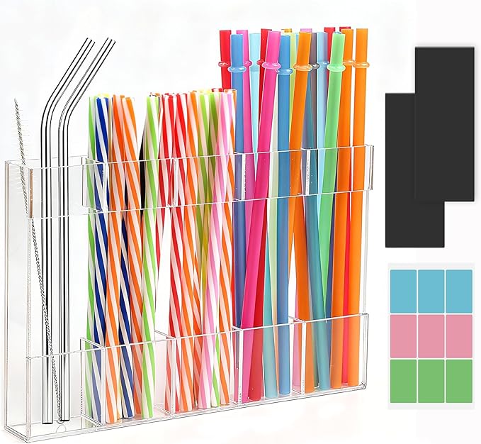 Acrylic Magnetic Straw Holder, Straw Organizer Dispenser with Two Pieces Magnet Sheets, Drinking Straw Storage Holder for Cabinet Door Fridge Counter Kitchen Office (Transparent)