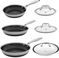 Hell's Kitchen Hybrid Fry Pan, Tri-Clad Stainless and Nonstick Ceramic PFAS Free, no PFOA, no PTFE, no Teflon, Non Toxic Cookware, Metal Utensil Safe, All Cooktops, Oven Safe (6 Piece Set with Lids)