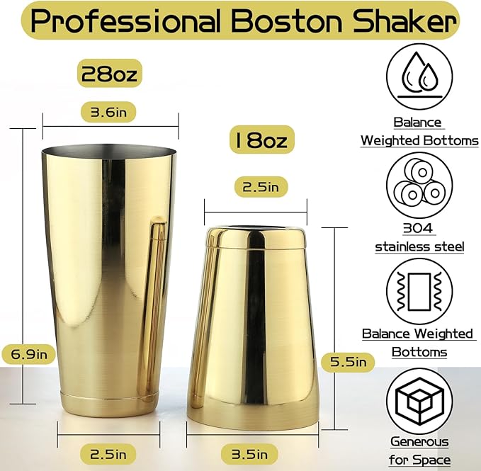 Stainless Steel Cocktail Shaker - 2 Piece 18oz & 28oz Boston Cocktail Shaker Bar Shaker Set Martini Shaker Set Bartender Shakers for Bartending - Gold