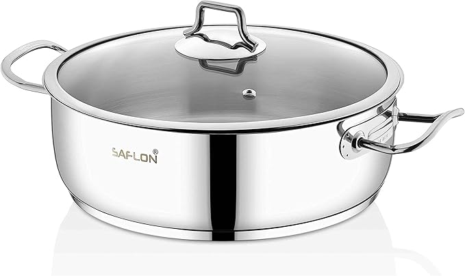 SAFLON Stainless Steel Tri-Ply Capsulated Bottom 5 Quart Saute Pot with Glass Lid, Induction Ready, Oven and Dishwasher Safe