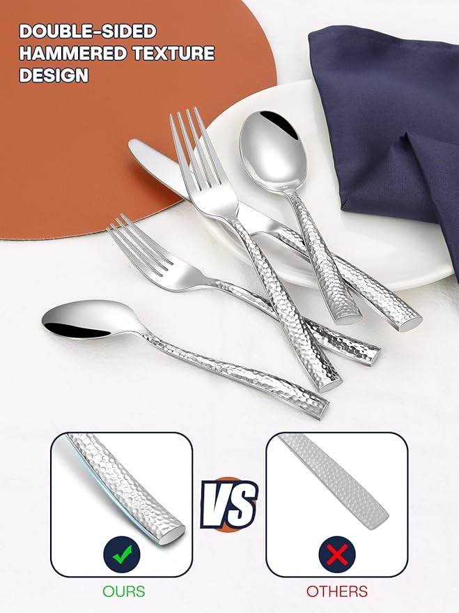 Stapava 48 Pcs Hammered Silverware Set for 8, Stainless Steel Flatware Set with Steak Knives, Mirror Cutlery Include Forks Spoons and Knives Set, Heavy Duty Utensils for Home Hotel, Dishwasher Safe