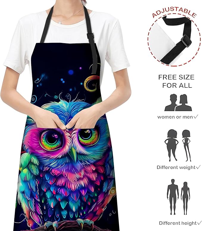 Beautiful Owl Apron for Women Men, Cooking BBQ Chef Polyester Lightweight Colorful Artistic Owls Aprons with Pockets for Baking Kitchen Gardening Cleaning, Adjustable Neck Strap, 28×33inch