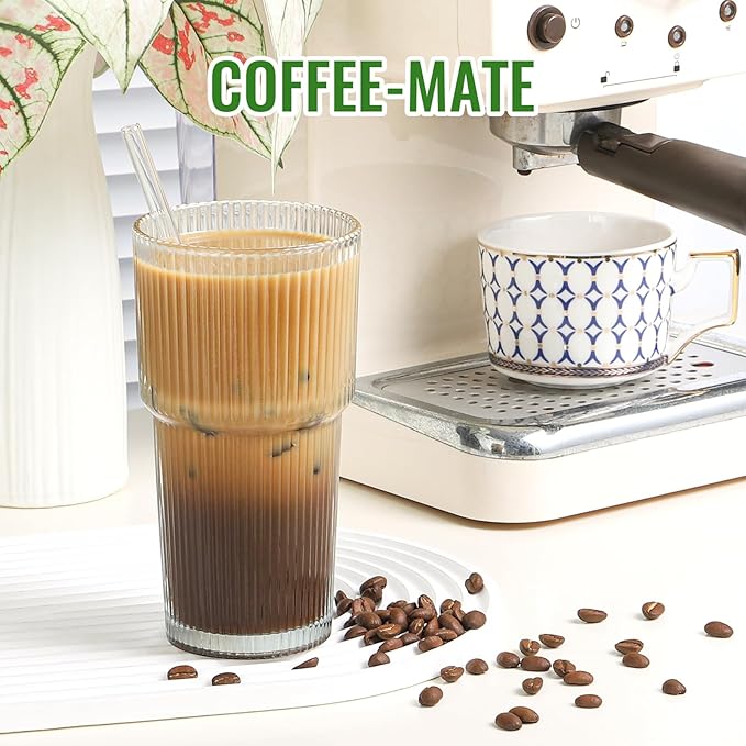 20 oz Glass Cups and Straw 2 Set, Glass Tumbler with Straw, Vintage Glassware for Whiskey Cocktail Beer, Iced Coffee Cups (2 PACK)