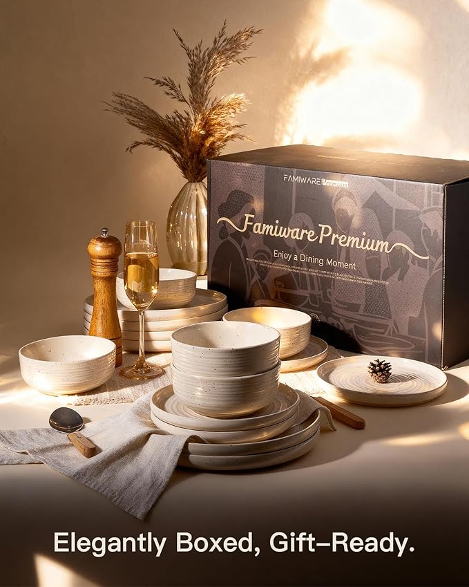 Stoneware Dinnerware Sets, Plate and Bowl Sets for 8, 24 Pieces Spiral Flared Dishware Set with Speckles & Reactive Glaze - Microwave and Dishwasher Safe Tableware, Shell Beige