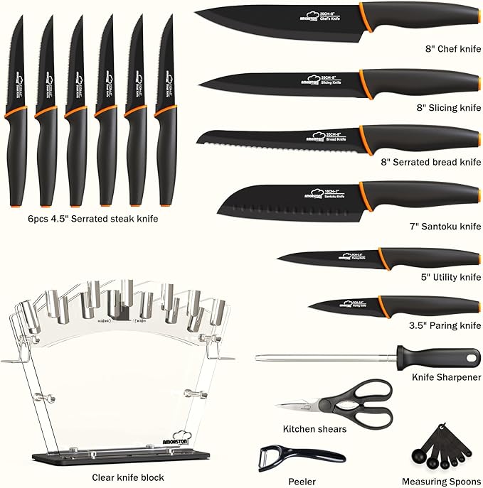 Amorston Knife Set, 22-Piece Kitchen Knife Set with Acrylic Block, Dishwasher Safe with Sharpener, High Carbon Stainless Steel, Anti-slip Ergonomic Handle, Black