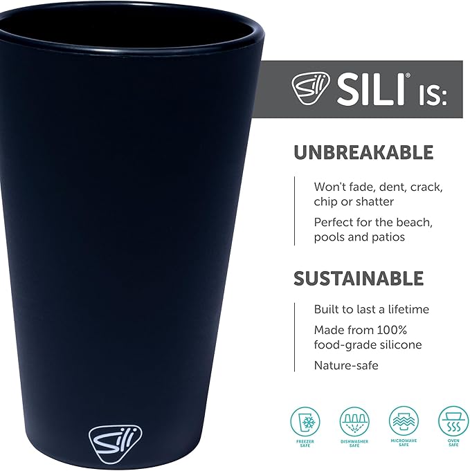 Silipint 16oz Silicone Pint Glass – Unbreakable BPA-Free Reusable Silicone Drinking Cup – Flexible Dishwasher Microwave & Freezer Safe – Stemless Glass for Coffee Smoothies (Classic Black)