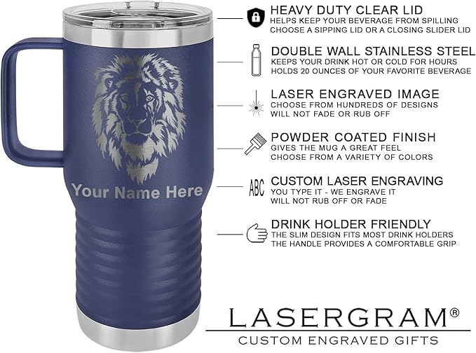 LaserGram 20oz Vacuum Insulated Travel Mug with Handle, Sushi, Personalized Engraving Included (Navy Blue)