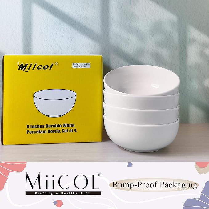 Miicol White Cereal Bowls 20 oz, Ceramic Soup Bowls Set of 4, Breakfast Bowl 6 inch, Kitchen Bowl for Pasta, Salad, Ramen, Oatmeal, Microwave and Dishwasher Safe