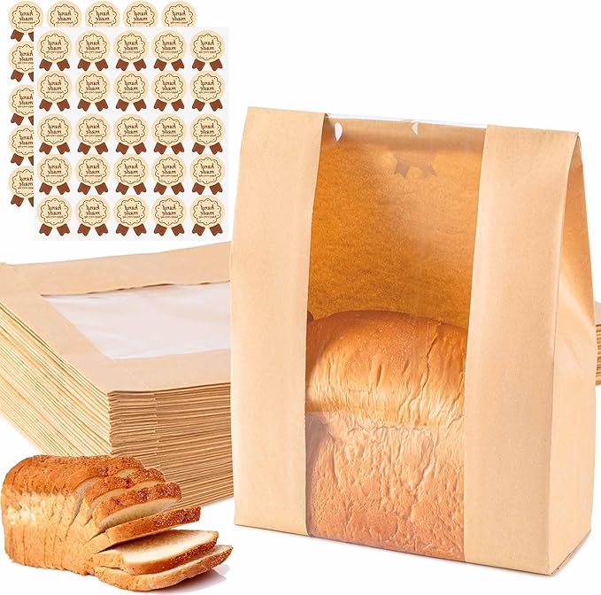 50Pcs Sourdough Paper Bread Bags for Homemade Bread with Window, Includes 50PCS Label Seal Stickers for Food Storage(50% Thicker 13.7x8.3x3.5 in - Large)