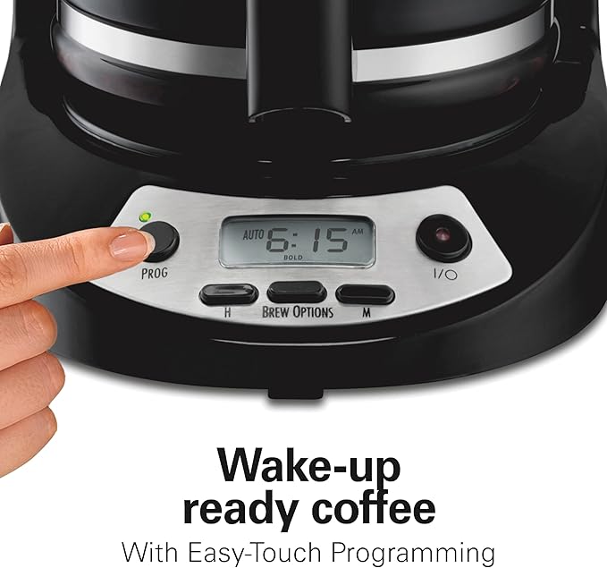 Hamilton Beach 12 Cup Programmable Drip Coffee Maker, Brew Options, Glass Carafe (46299), Black with Stainless Accents