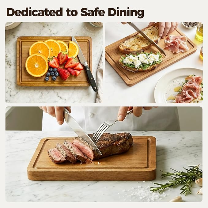 Acacia Wood Cutting Board for Kitchen - 0.8 inch Thick Wood Charcuterie Cheese Board with Side Handles and Juice Grooves, Wooden Chopping Block for Meat and Veggies, 11.5x7 inch