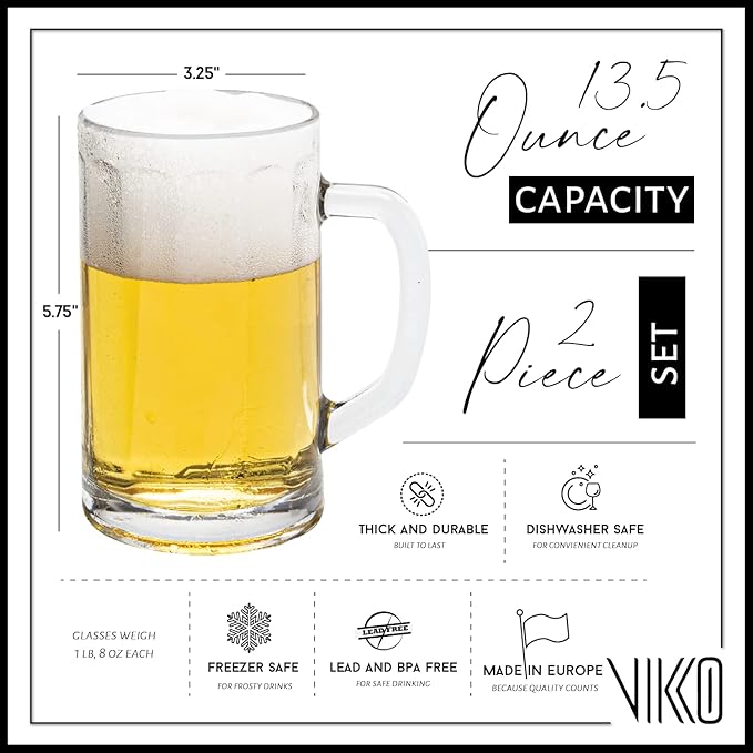 Vikko Beer Mug, Set of 2 Glass Beer Mugs, 13.5 Ounce, Dishwasher Safe Durable Drinking Glass for Craft Brews, Beer or Water