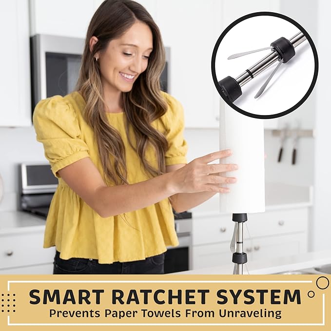 Dear Household Stainless Steel Paper Towel Holder Easy One-Handed Operation - This Sturdy Weighted Paper Towel Dispenser Countertop Model Has Suction Cups and Holds All Paper Towel Rolls - White