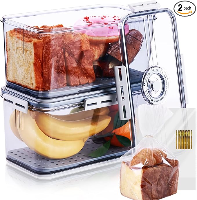 Circloophs 2 Pack Bread Box for Kitchen Countertop, 12X6X6 Inch Bread Container Storage Airtight Loaf, Clear Breadbox for Bread Storage, Refrigerator Lock Box for Fruit Storage Bread Holder with Bag