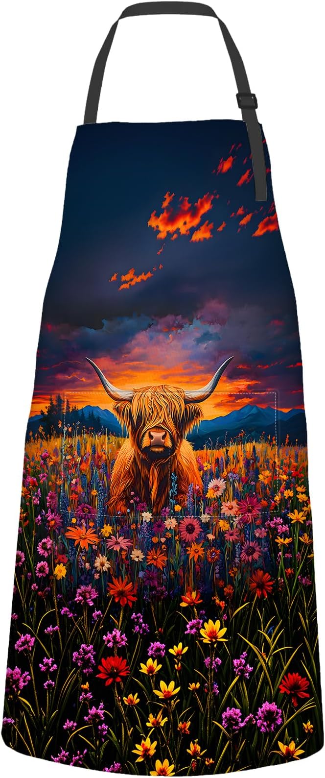 Flower Highland Cow Apron,Oxford Fabric Adjustable Kitchen Apron with 2 Pockets,Waterproof Cooking Aprons for Men Women Mom Wife Dad,Ideal Gifts for Coffee House,Shop,Baking,BBQ,28x33in