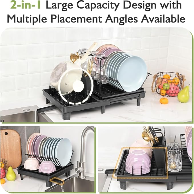 Expandable Dish Drying Rack for Kitchen Counter & Over Sink – Rustproof Stainless Steel Dish Drainer with Fast Drain, Large Capacity/Small Space Dish Rack, Kitchen Organization Drying Rack.