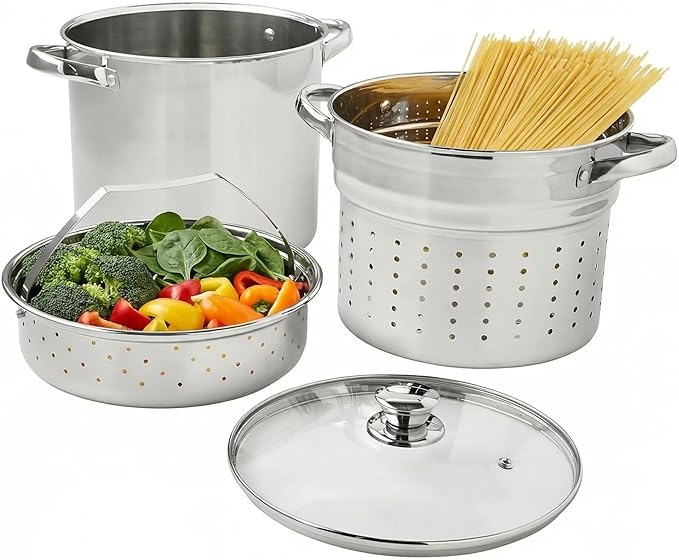 8 Qt 4-Piece Stainless Steel Multipot Set - Stock Pot with Steamer Basket, Colander & Heat-Resistant Glass Lid | Stay-Cool Handles, Durable Cookware for Large Gatherings & Daily Cooking
