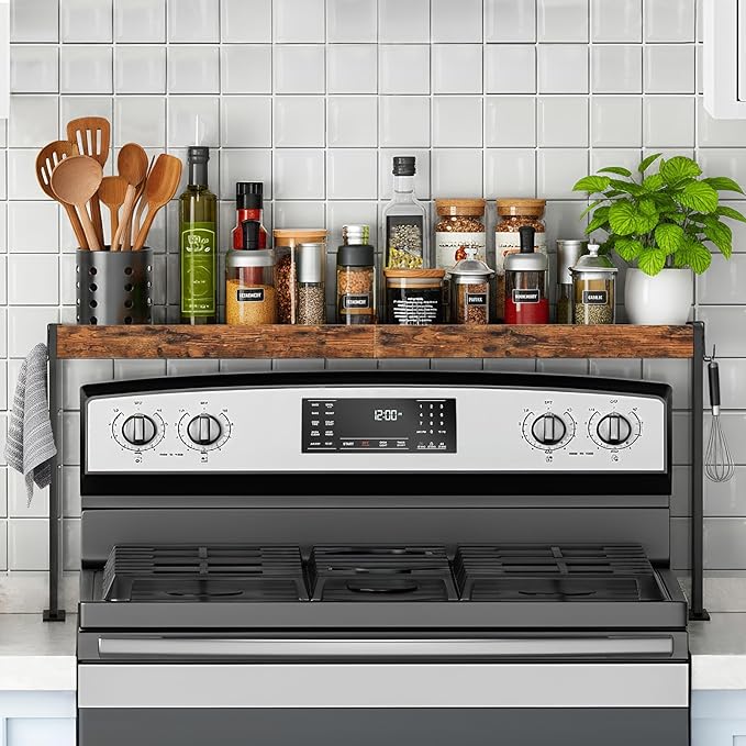 Spice Rack Shelf for Kitchen Stove, Over The Stove Shelf with 4 Level Adjustable Height, Over Stove Spice Rack with 4 Hooks, Black