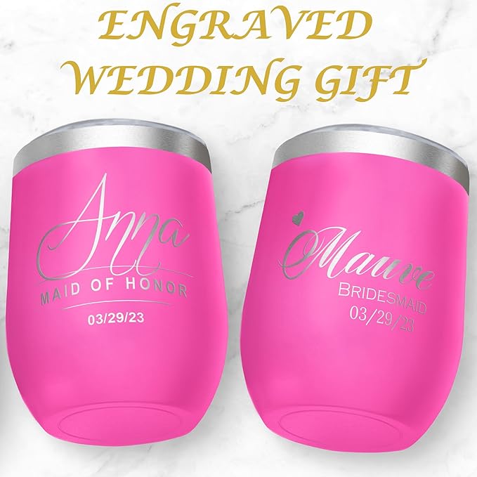 Gifts Inscribed Personalized Wine Tumbler with Lid – Pink Custom Engraved Stainless Steel Insulated Mug for Hot & Cold Drinks – Customized Bridesmaid, Wedding, or Birthday Gift