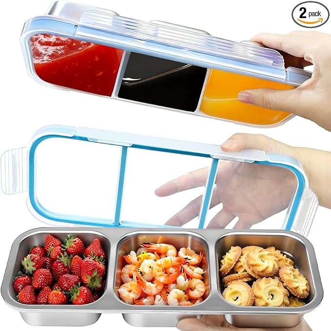 Snack Containers, 2Pack Steel Snackle Box Leakproof 3-Compartment Metal Bento Box with Airtight Lids, Reusable Food Storage Container for Lunch, Travel, Picnics, and Office