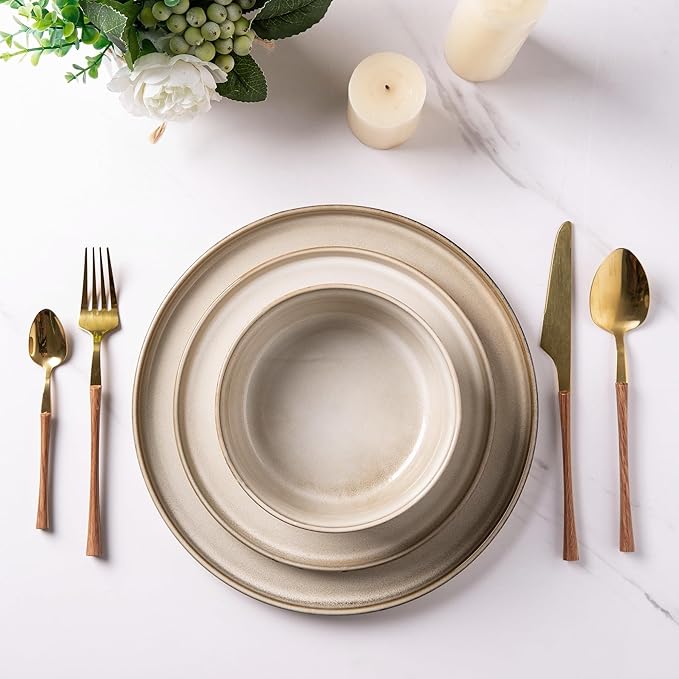 GBHOME Ceramic Dinnerware Sets for 8, 24 Pieces Stoneware Plates and Bowls Sets, Scratch Resistant Dishes, Dishwasher & Microwave Safe, Reactive Glaze-Cappuccino