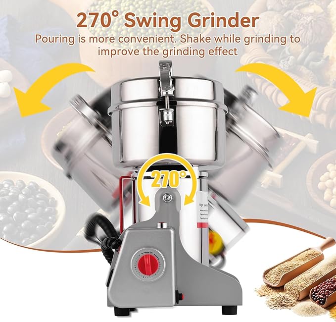 Electric Grain Mill, 1000g Stainless Steel Mill, 3000W High Speed Commercial Grinder Machine, Pulverizer Spice Herb Grinder for Dry Grains Cereals Coffee Corn Pepper, Swing Type