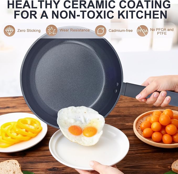 Nonstick Cookware Set Non Toxic, 5-Piece Pots and Pans Set, PFOA/PTFE Free, Induction Ready & Dishwasher Safe, Ceramic Coating for Easy Release