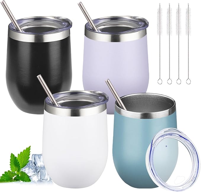 12oz Stemless Wine Tumbler with Lid Double Wall Insulated Wine Cup Stainless Steel Glasses Tumbler with Straw Insulated cocktail Tumbler Coffee Mug for Hot and Cold Beverages (Multicolor-1,4Pack)