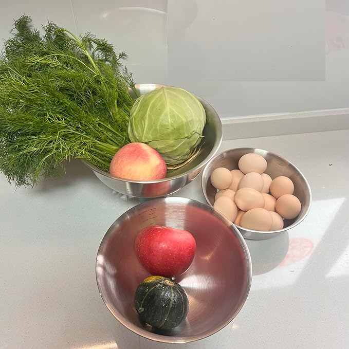 Stainless Steel Mixing Bowl Thickened 3-Piece Set, Nested Flat Bottom 1.3QT (1200ml)/1.9QT (1800ml)/2.6QT (2500ml) Kitchen Food Storage Organizer for Baking, Salad Prep, Vegetable Washing (Silver)