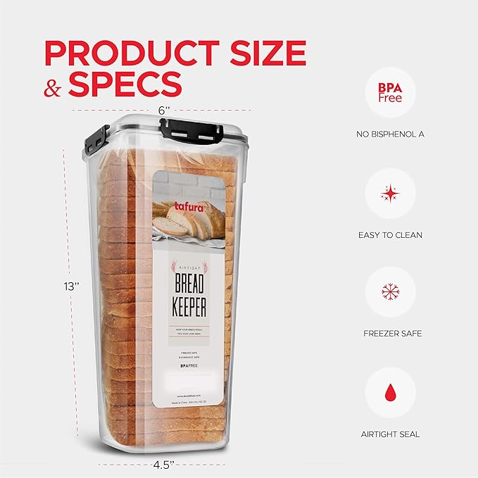 Tafura Bread Container - 5.8 Liter BPA Free Plastic Bread Box - Container/Holder for Homemade Loaves and Baked Goods with Black Airtight Lid