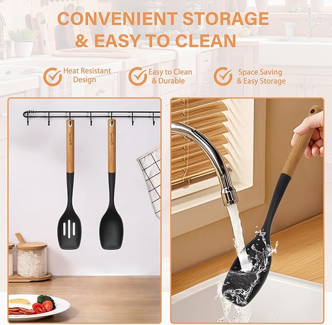 Large Silicone Kitchen Utensils Set, 4 PCS Cooking Utensils Set with Wooden Handle, Heat Resistant Silicone Utensils Kit for Cooking, BPA Free and Nonstick Spatula Set with Turner Spoon Ladle(Black)