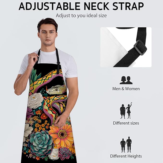 Colorful Snake Apron, Adjustable Kitchen Vibrant Floral Design Aprons with Pockets for Cooking BBQ Gardening, 28×33 IN, Holiday Gifts for Women Mom Wife, for Chef Baking, Oxford Fabric