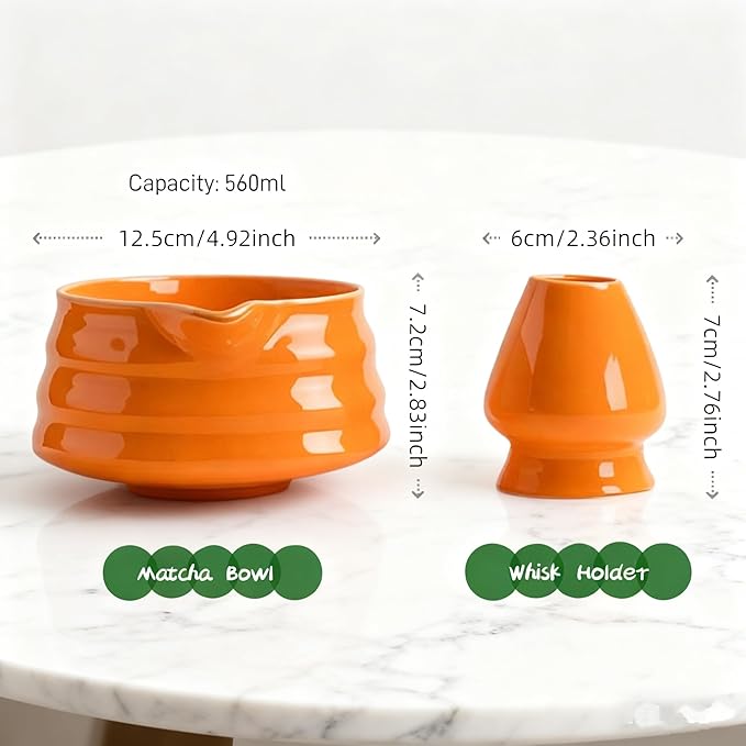Matcha Bowl with Pour Spout & Whisk Holder, Traditional Japanese Ceramic Chawan Tea Set, Thick Non-Slip Matcha Mixing Bowl for Whisking & Pouring, Tea Ceremony Gift (Orange)