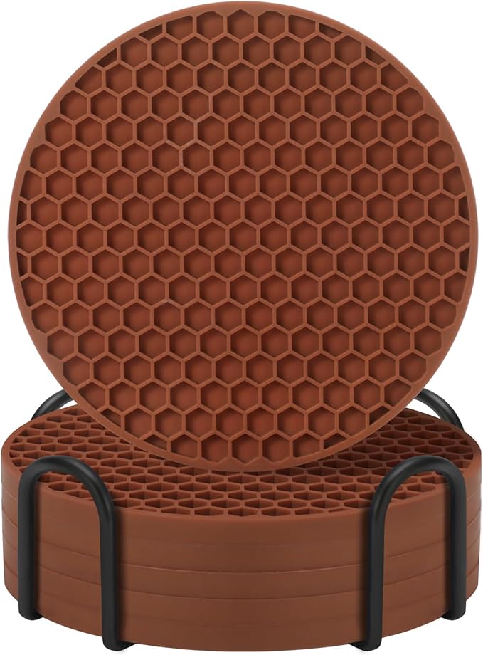 Coasters Set of 6,Coasters for Drinks,Coffee Table Decor Coaster with Holder,Suitable for Kinds Cup,Anti-SLI,Heat-Resisting,Silicone Cup Coaster and Home Decor (6 Pcs, Brown)