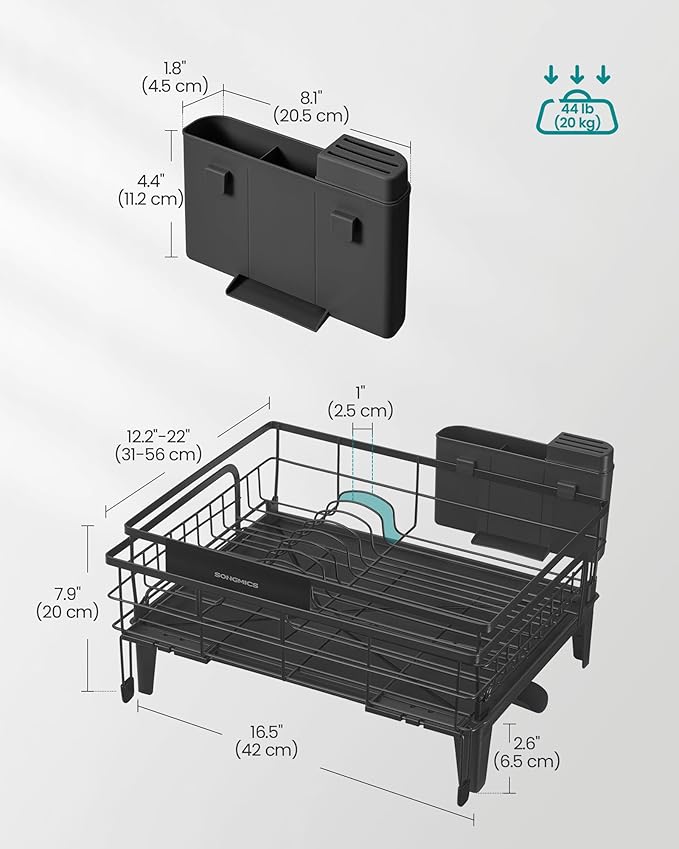 SONGMICS Dish Drying Rack, Kitchen Dish Rack, with Drainboard, 360° Rotatable and Extendable Spout, with Cutlery Holder, 12.2-22 x 16.5 x 7.9 Inches, Ink Black UKCS552B01