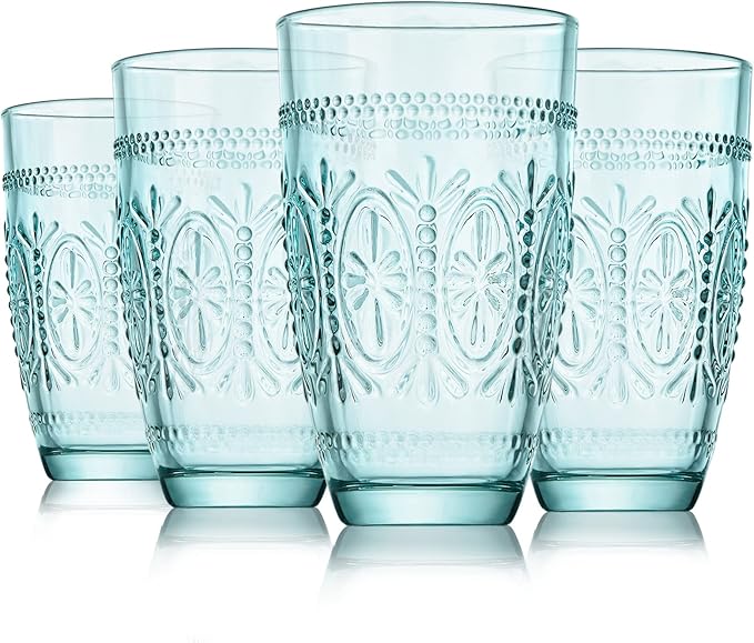CREATIVELAND Colored Vintage Drinking Glasses Set of 4, 15.5 oz Romantic Embossed Water Glasses, Colored Tumblers Tempered Glass for Juice, Beverages, Beer, Cocktail