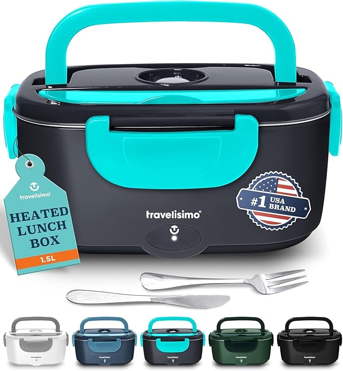 TRAVELISIMO Electric Lunch Box for Adults 80W Heated Lunch Box For Men 1.5L Stainless Steel Portable Food Warmer, 12/24/110V Electric Food Warmers for Travel & Work, Loncheras Para Hombres de Trabajo