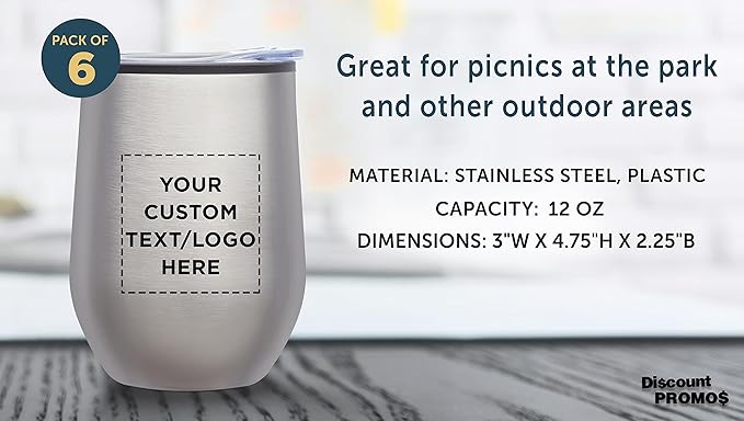 Custom Stemless Wine Tumblers 12 oz. Set of 6, Personalized Bulk Pack - Insulated, Perfect for Wine, Cocktails, Other Hot & Cold Beverages - Silver