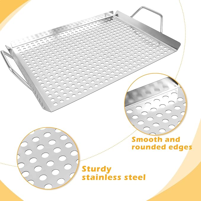 11 x 14 Inch Nonstick Grill Tray with Handles,Perforated Stainless Steel Grill Pans for Outdoor Grill,Heavy Duty Grilling Accessories for Charcoal Gas Grills,Easy to Use and Clean (11 * 14)